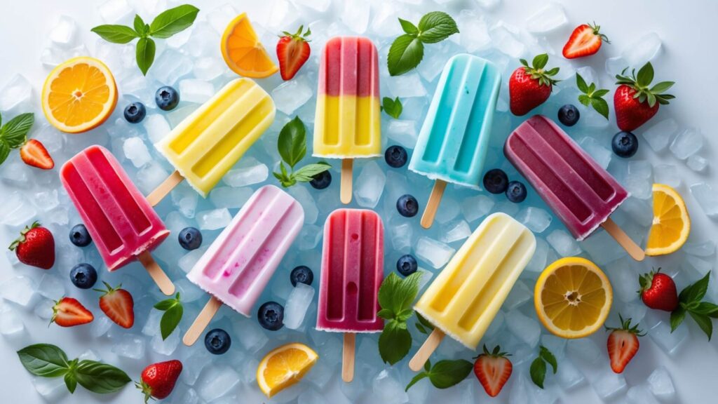 Colorful cocktail-inspired popsicles on crushed ice, surrounded by fresh fruit and herbs, showcasing frozen boozy treats.