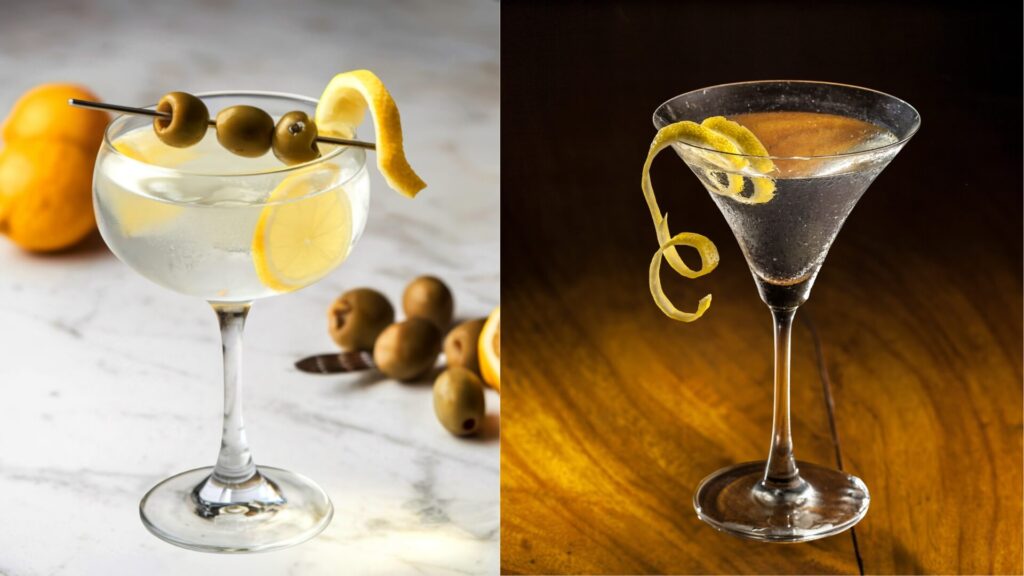 Cocktails garnished with citrus peels