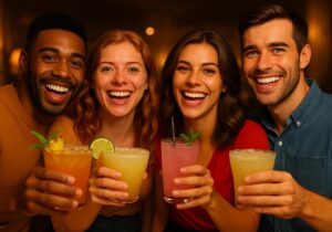 Four friends laughing and holding cocktails at a cozy indoor party.