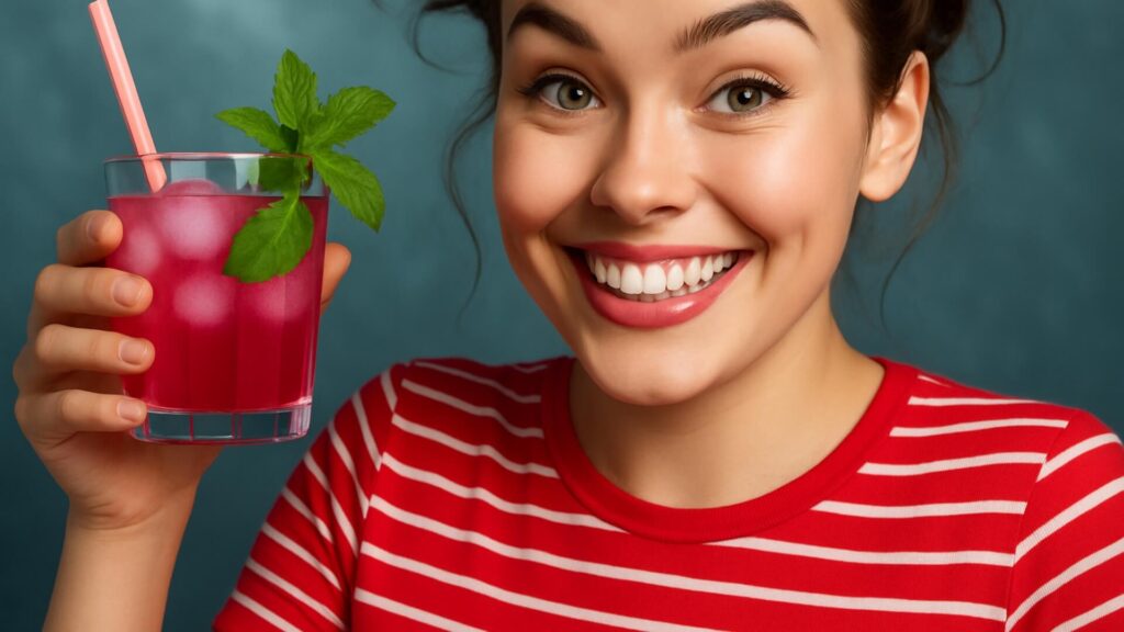 A smiling woman in a red striped shirt holding a pink cocktail with ice and mint — capturing the joy of enjoying drinks at home.
