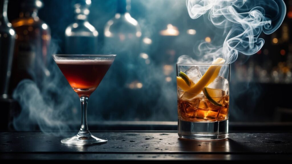 Two elegant cocktails surrounded by swirling smoke — one in a martini glass and the other garnished with citrus in a rocks glass, showcasing a smoked cocktail presentation.