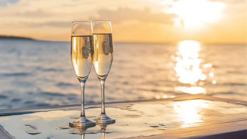 Two champagne flutes sparkling by the ocean during sunset