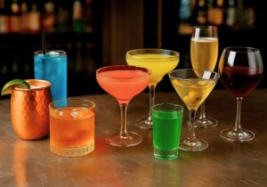 A colorful lineup of 9 cocktail glasses on a bar counter, including a copper mule mug, rocks glass, coupe, highball, margarita, martini, shot, champagne flute, and red wine glass, each filled with a vibrant drink.